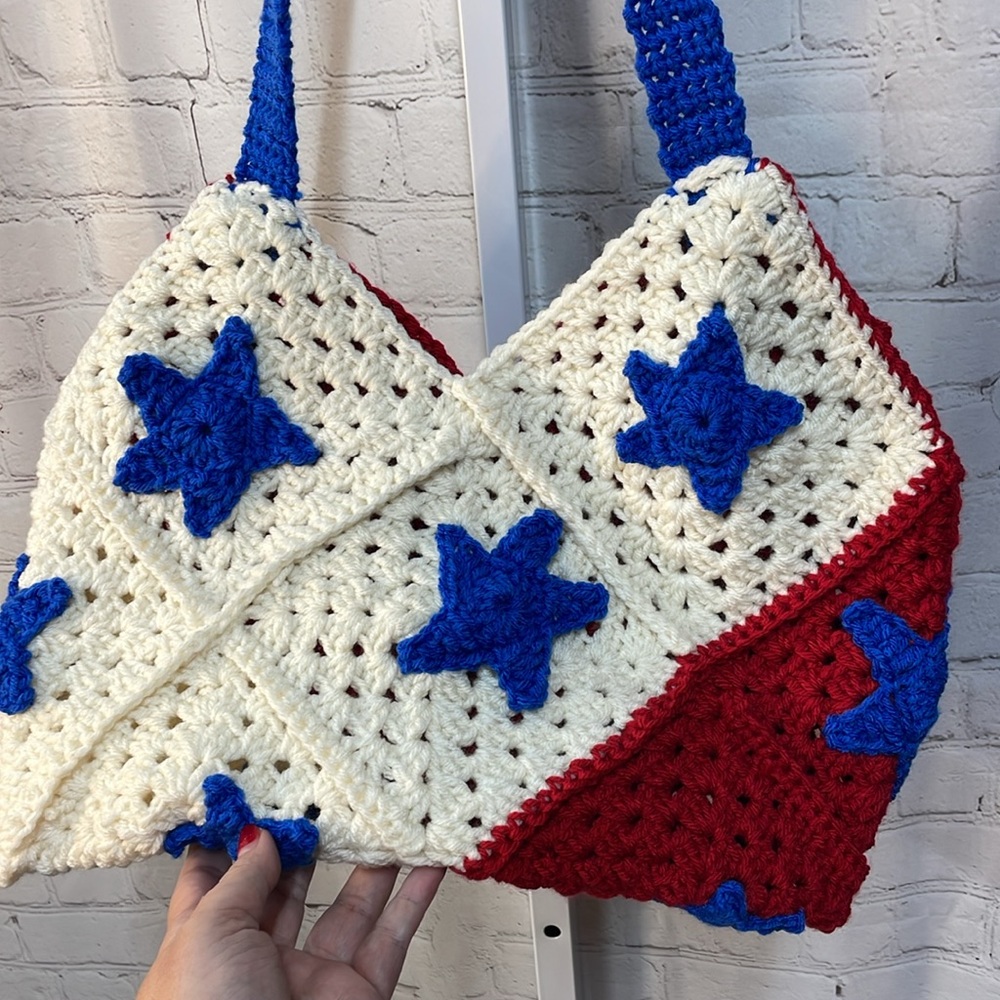 Handmade crochet stars granny square red, white & blue crossbody bag